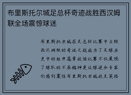布里斯托尔城足总杯奇迹战胜西汉姆联全场震惊球迷